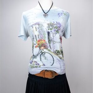 Vintage Y2K Scenic Graphic Tee - Pastel Bicycle‎ Cottagecore Fairycore Top L
